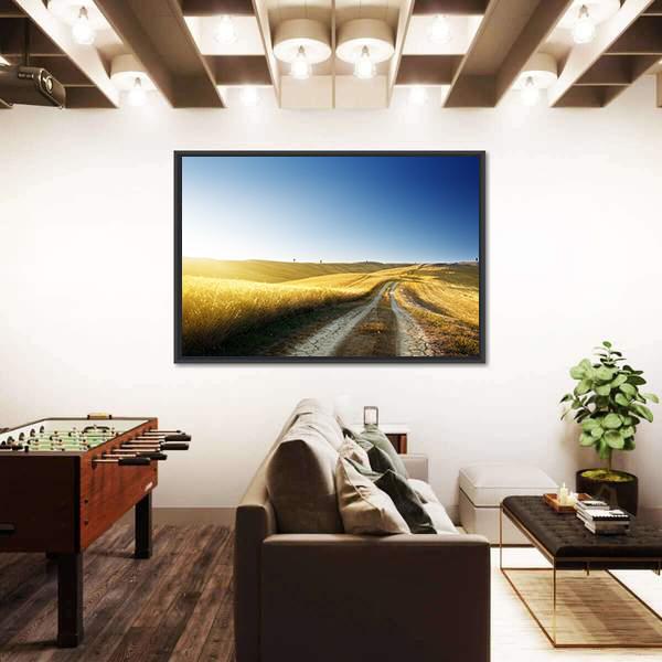 Road On Field In Tuscany At Sunset Canvas Wall Art-3 Horizontal-Gallery Wrap-25" x 16"-Tiaracle
