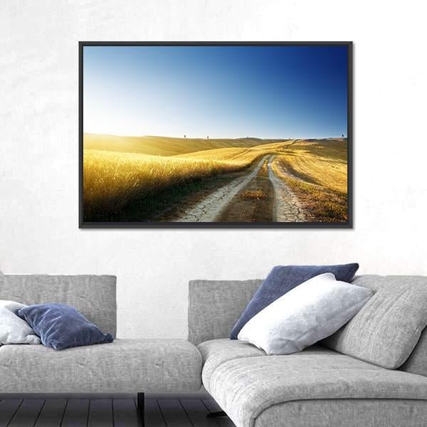 Road On Field In Tuscany At Sunset Canvas Wall Art-3 Horizontal-Gallery Wrap-25" x 16"-Tiaracle