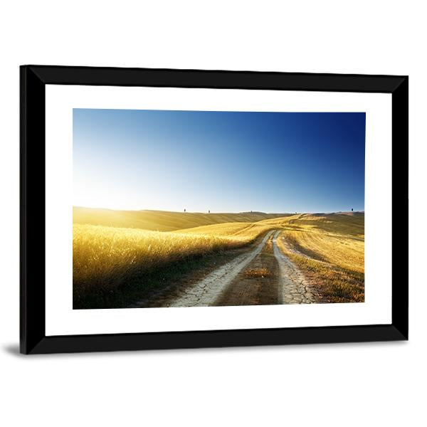 Road On Field In Tuscany At Sunset Canvas Wall Art-3 Horizontal-Gallery Wrap-25" x 16"-Tiaracle