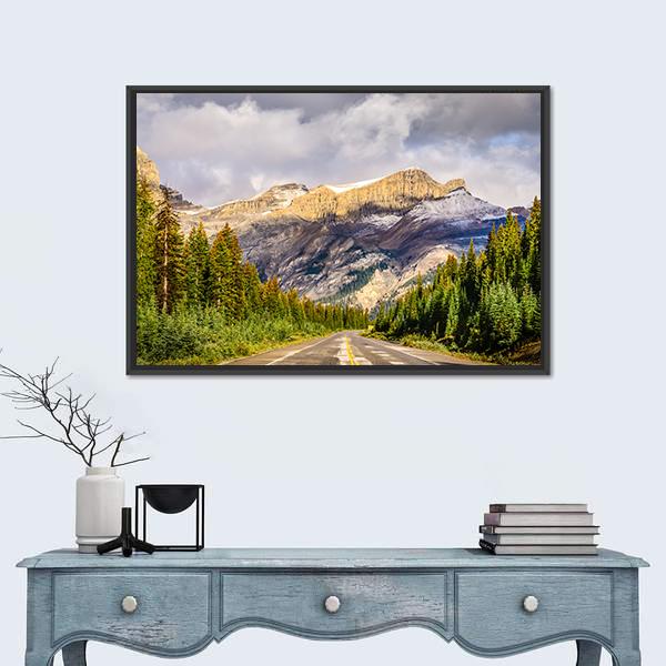 Road On Icefields Parkway In Canada Canvas Wall Art-1 Piece-Floating Frame-24" x 16"-Tiaracle