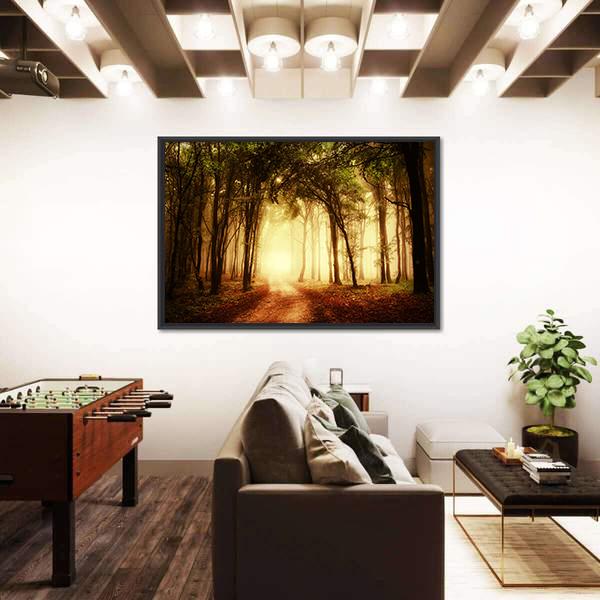 Road Through A Golden Forest At Autumn Canvas Wall Art-1 Piece-Floating Frame-24&quot; x 16&quot;-Tiaracle
