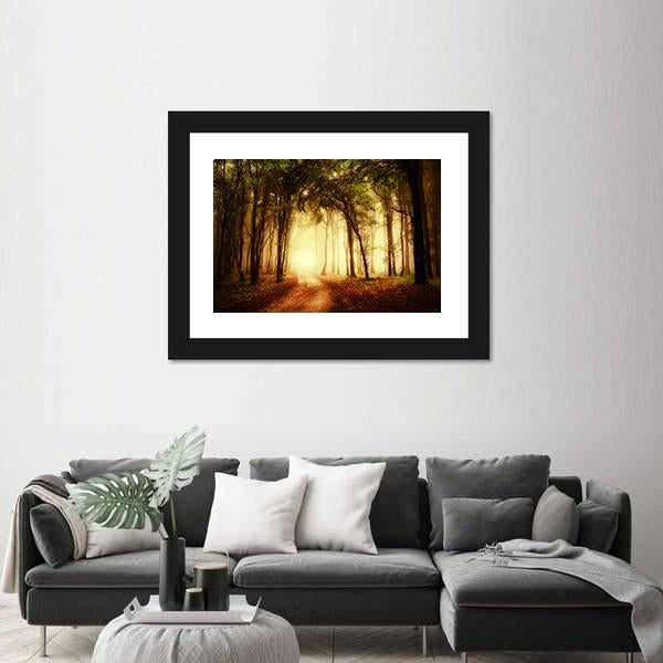 Road Through A Golden Forest At Autumn Canvas Wall Art-1 Piece-Framed Print-20&quot; x 16&quot;-Tiaracle