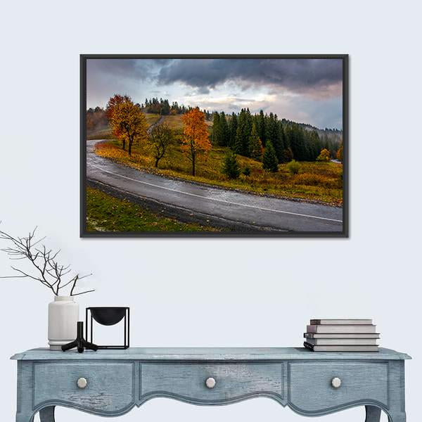 Road Through Autumn Forest Canvas Wall Art-1 Piece-Floating Frame-36" x 24"-Tiaracle