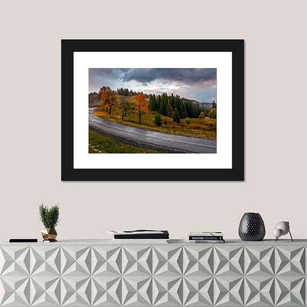 Road Through Autumn Forest Canvas Wall Art-1 Piece-Framed Print-42" x 14"-Tiaracle