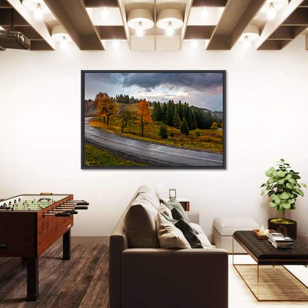 Road Through Autumn Forest Canvas Wall Art-5 Horizontal-Gallery Wrap-22" x 12"-Tiaracle
