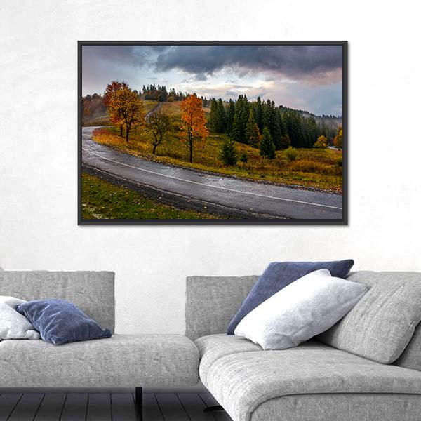 Road Through Autumn Forest Canvas Wall Art-5 Horizontal-Gallery Wrap-22" x 12"-Tiaracle