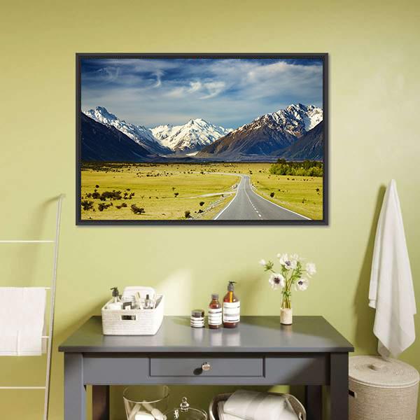 Road To Snowy Mountains Canvas Wall Art-1 Piece-Floating Frame-24" x 16"-Tiaracle