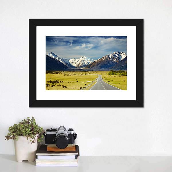 Road To Snowy Mountains Canvas Wall Art-1 Piece-Framed Print-20" x 16"-Tiaracle