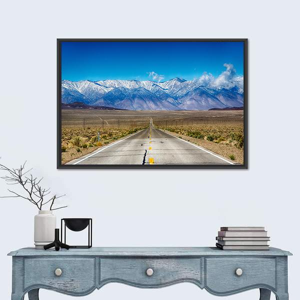 Road Through Eastern Sierra Nevada Mountains Canvas Wall Art in gray, brown and blue, framed canvas, product view on a white background