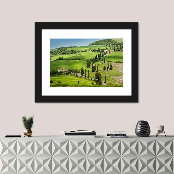 Road With Curves And Cypresses In Tuscany Canvas Wall Art-1 Piece-Framed Print-20" x 16"-Tiaracle