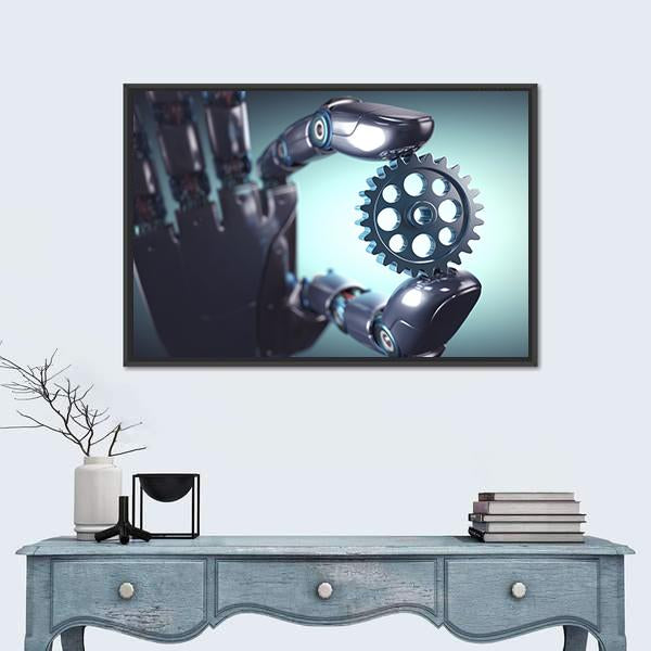 Robotic Hand Holding A Gear Concept Canvas Wall Art-1 Piece-Floating Frame-24" x 16"-Tiaracle