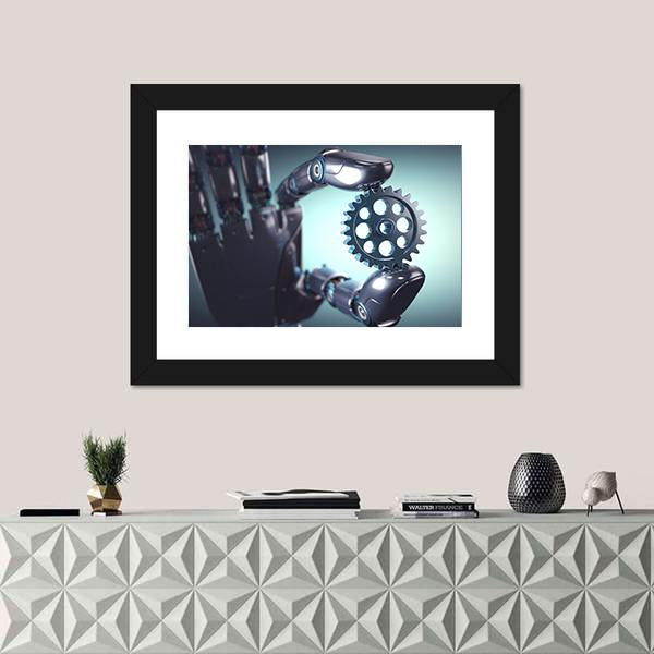 Robotic Hand Holding A Gear Concept Canvas Wall Art-1 Piece-Framed Print-20" x 16"-Tiaracle