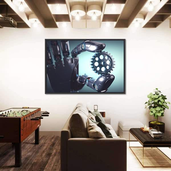 Robotic Hand Holding A Gear Concept Canvas Wall Art-3 Horizontal-Gallery Wrap-25" x 16"-Tiaracle