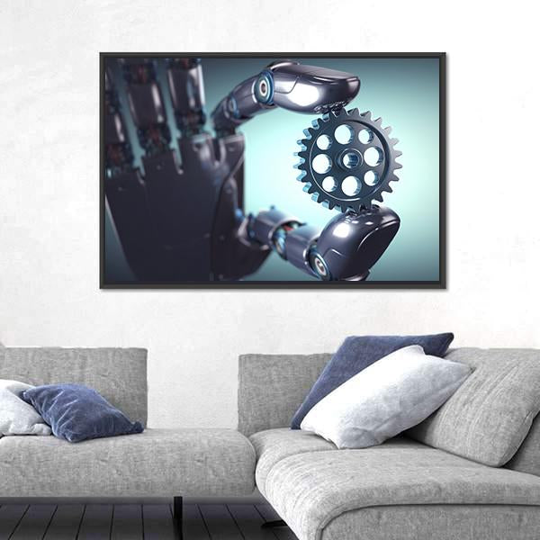 Robotic Hand Holding A Gear Concept Canvas Wall Art-3 Horizontal-Gallery Wrap-25" x 16"-Tiaracle