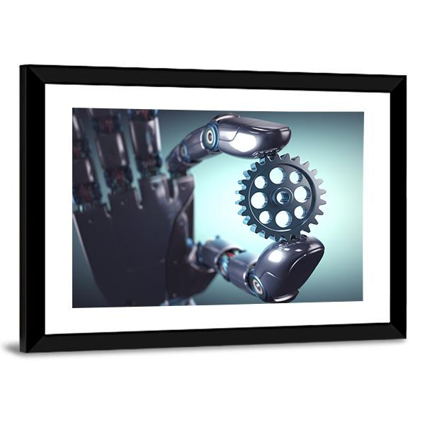 Robotic Hand Holding A Gear Concept Canvas Wall Art-3 Horizontal-Gallery Wrap-25" x 16"-Tiaracle