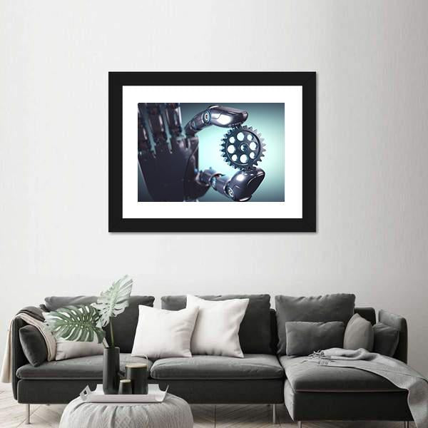 Robotic Hand Holding A Gear Concept Canvas Wall Art-3 Horizontal-Gallery Wrap-25" x 16"-Tiaracle
