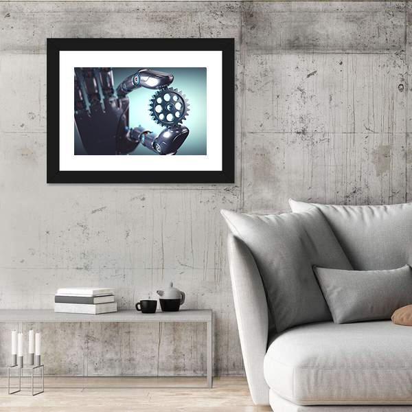 Robotic Hand Holding A Gear Concept Canvas Wall Art-3 Horizontal-Gallery Wrap-25" x 16"-Tiaracle