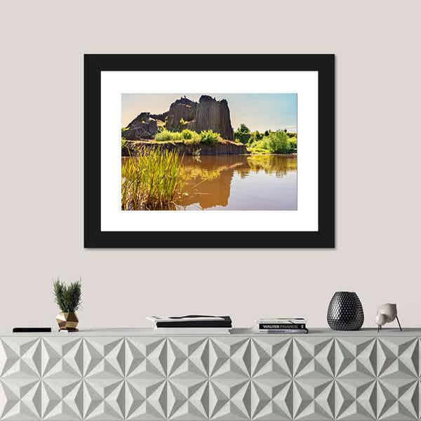 Rock Of Basalt With Reflection On Water Lake Canvas Wall Art-1 Piece-Framed Print-20" x 16"-Tiaracle