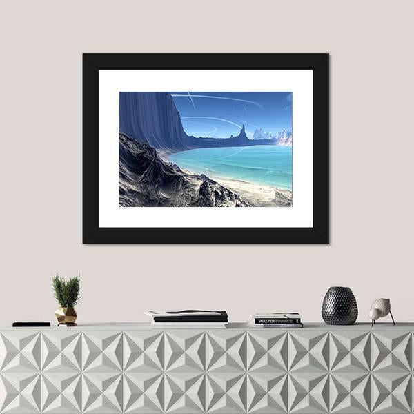 Rocks And Lake On Alien Planet Canvas Wall Art-1 Piece-Framed Print-20" x 16"-Tiaracle