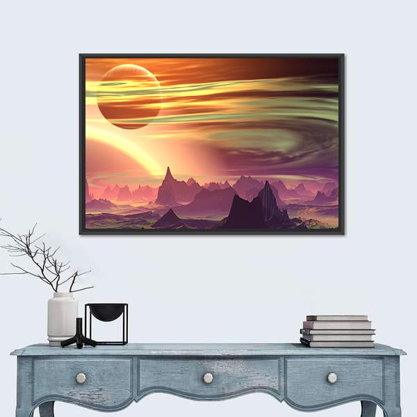 Rocks And Moon On Alien Planet Canvas Wall Art-1 Piece-Floating Frame-24" x 16"-Tiaracle