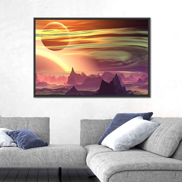 Rocks And Moon On Alien Planet Canvas Wall Art-5 Horizontal-Gallery Wrap-22" x 12"-Tiaracle