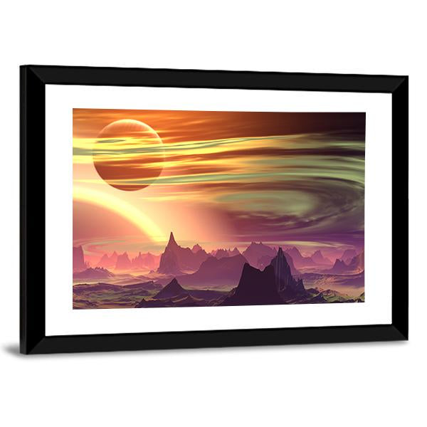 Rocks And Moon On Alien Planet Canvas Wall Art-5 Horizontal-Gallery Wrap-22" x 12"-Tiaracle