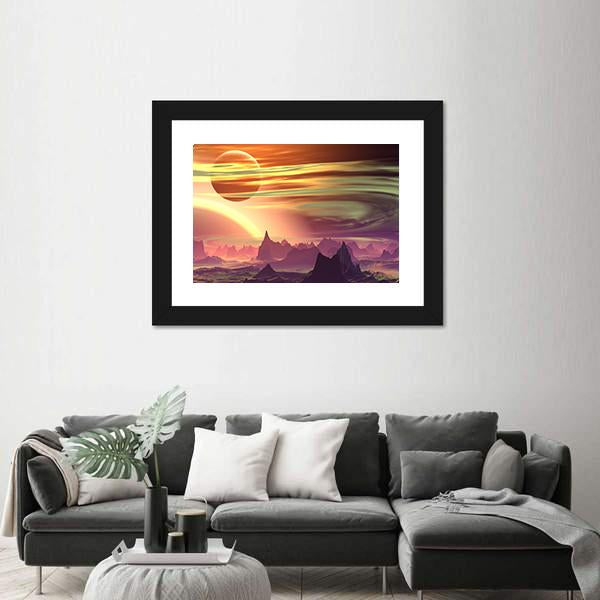 Rocks And Moon On Alien Planet Canvas Wall Art-5 Horizontal-Gallery Wrap-22" x 12"-Tiaracle