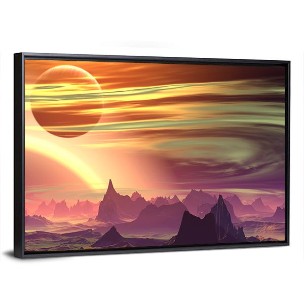 Rocks And Moon On Alien Planet Canvas Wall Art-5 Horizontal-Gallery Wrap-22" x 12"-Tiaracle