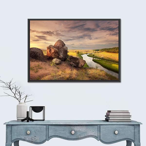 Rocks And River With Reflection In Ukraine Canvas Wall Art-1 Piece-Floating Frame-24" x 16"-Tiaracle