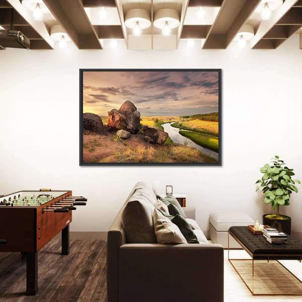 Rocks And River With Reflection In Ukraine Canvas Wall Art-1 Piece-Floating Frame-24" x 16"-Tiaracle