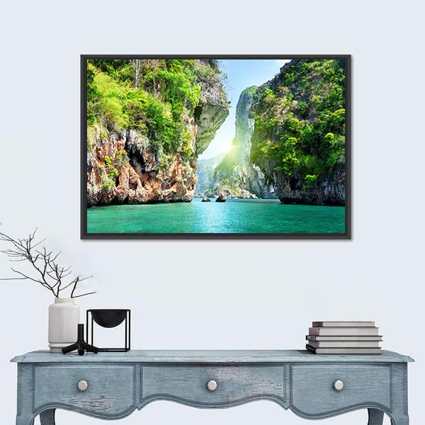 Rocks And Sea In Thailand Canvas Wall Art-1 Piece-Floating Frame-24" x 16"-Tiaracle