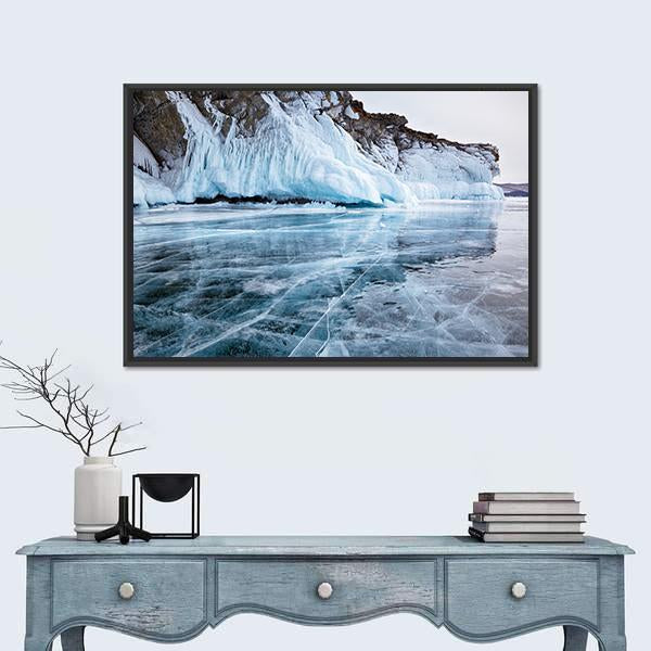 Rocks Frozen Into The Ice Of Siberian Baikal Lake In Winter Canvas Wall Art-1 Piece-Floating Frame-24" x 16"-Tiaracle