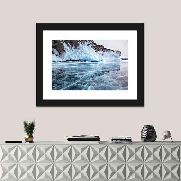Rocks Frozen Into The Ice Of Siberian Baikal Lake In Winter Canvas Wall Art-1 Piece-Framed Print-20" x 16"-Tiaracle