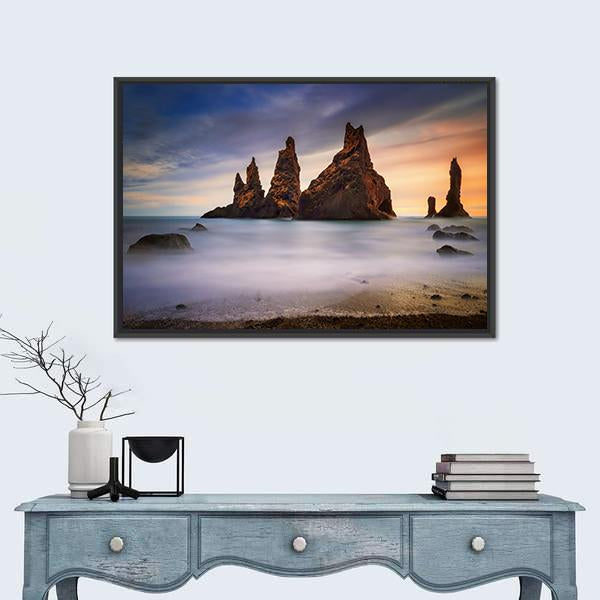 Rocks On Black Beach In Iceland Canvas Wall Art-1 Piece-Floating Frame-24" x 16"-Tiaracle