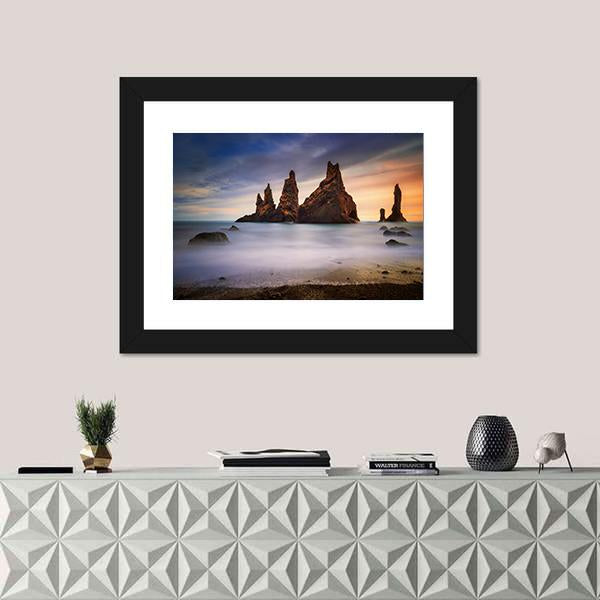 Rocks On Black Beach In Iceland Canvas Wall Art-1 Piece-Framed Print-20" x 16"-Tiaracle