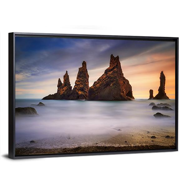 Rocks On Black Beach In Iceland Canvas Wall Art-3 Horizontal-Gallery Wrap-25" x 16"-Tiaracle