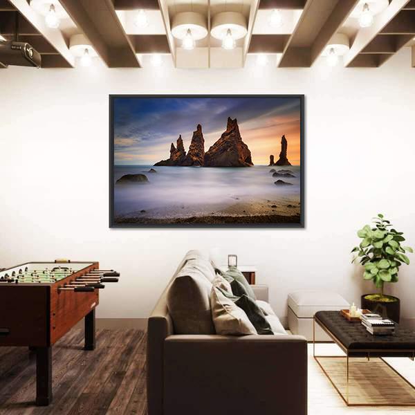 Rocks On Black Beach In Iceland Canvas Wall Art-3 Horizontal-Gallery Wrap-25" x 16"-Tiaracle