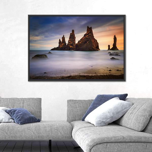 Rocks On Black Beach In Iceland Canvas Wall Art-3 Horizontal-Gallery Wrap-25" x 16"-Tiaracle
