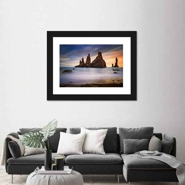 Rocks On Black Beach In Iceland Canvas Wall Art-3 Horizontal-Gallery Wrap-25" x 16"-Tiaracle