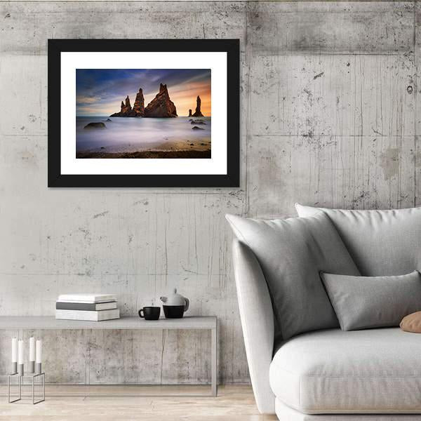 Rocks On Black Beach In Iceland Canvas Wall Art-3 Horizontal-Gallery Wrap-25" x 16"-Tiaracle