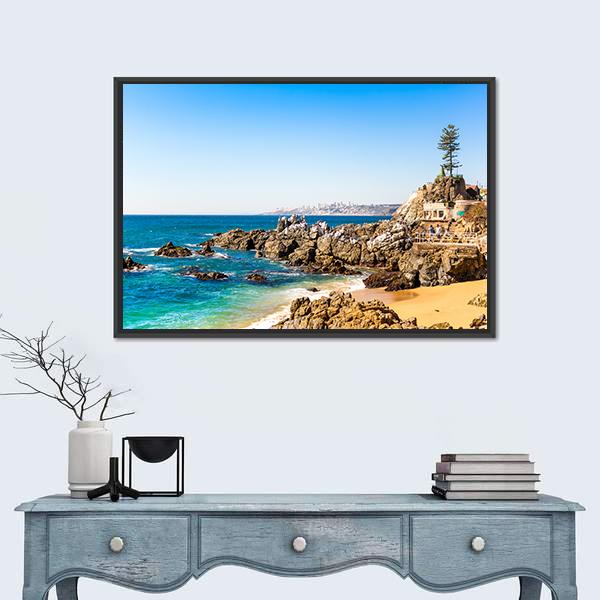 Rocky Beach On Summer Day Canvas Wall Art-1 Piece-Floating Frame-24" x 16"-Tiaracle