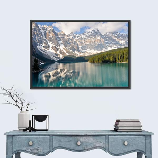 Rocky Mountain And Moraine Lake In Canada Canvas Wall Art-1 Piece-Floating Frame-24" x 16"-Tiaracle