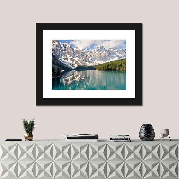 Rocky Mountain And Moraine Lake In Canada Canvas Wall Art-1 Piece-Framed Print-20" x 16"-Tiaracle