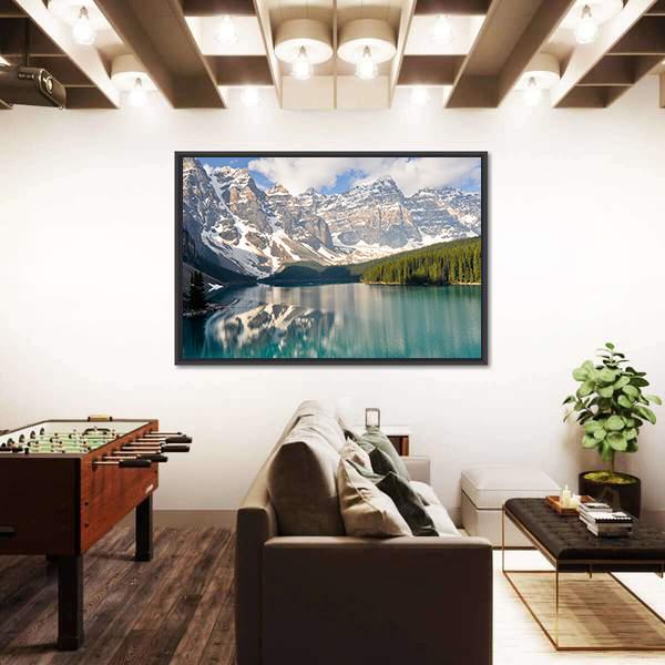 Rocky Mountain And Moraine Lake In Canada Canvas Wall Art-3 Horizontal-Gallery Wrap-25" x 16"-Tiaracle