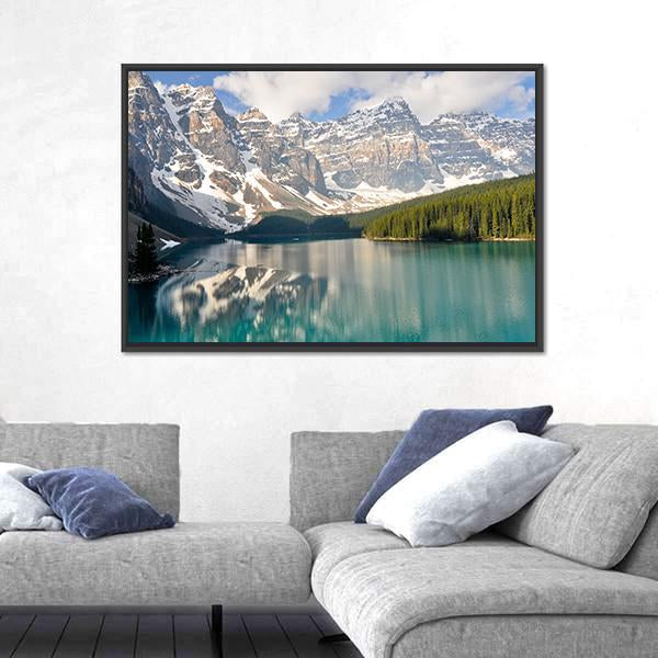 Rocky Mountain And Moraine Lake In Canada Canvas Wall Art-3 Horizontal-Gallery Wrap-25" x 16"-Tiaracle