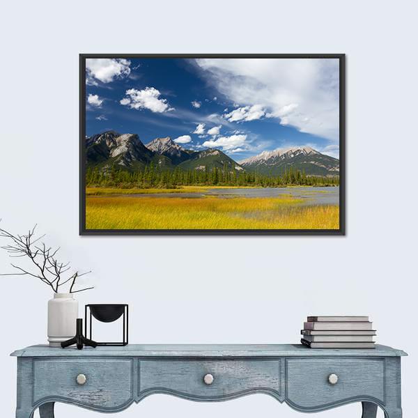 Rocky Mountains And Cloudy Sky Canvas Wall Art-1 Piece-Floating Frame-24" x 16"-Tiaracle