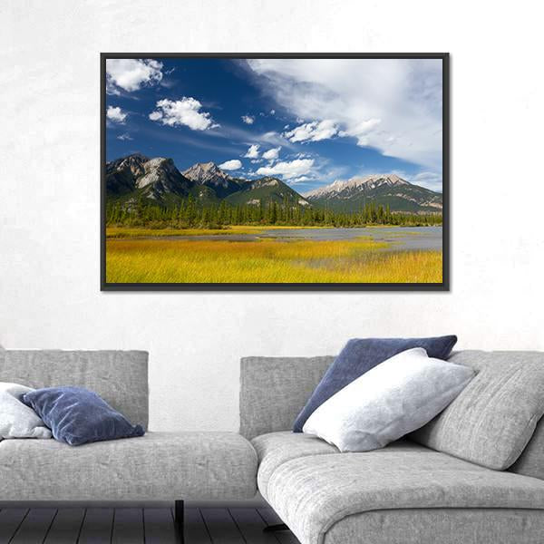 Rocky Mountains And Cloudy Sky Canvas Wall Art-3 Horizontal-Gallery Wrap-25" x 16"-Tiaracle