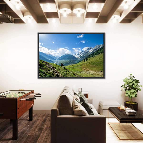 Rocky Mountains And Green Field In Jammu And Kashmir Canvas Wall Art-3 Horizontal-Gallery Wrap-25" x 16"-Tiaracle