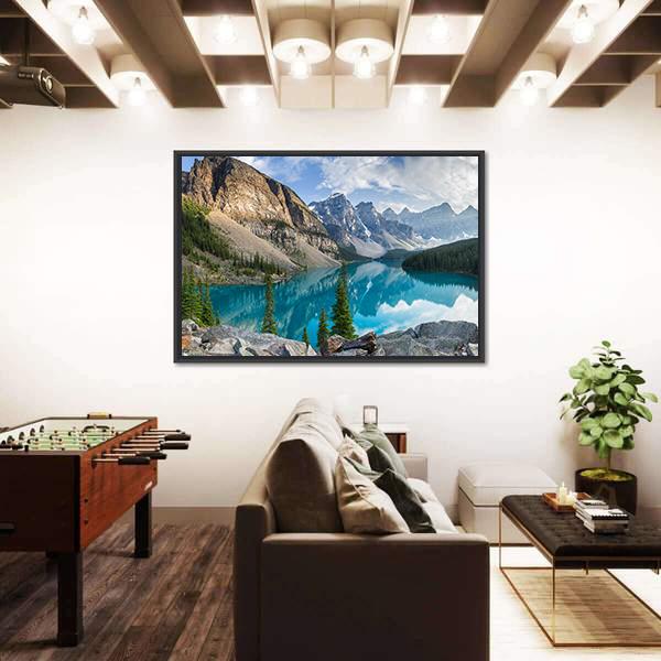 Rocky Mountains With Moraine Lake In Canada Canvas Wall Art-1 Piece-Floating Frame-24" x 16"-Tiaracle