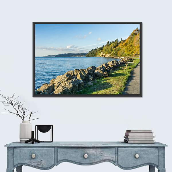Rocky Shoreline At Saltwater State Park In The Autumn Canvas Wall Art-1 Piece-Floating Frame-24" x 16"-Tiaracle